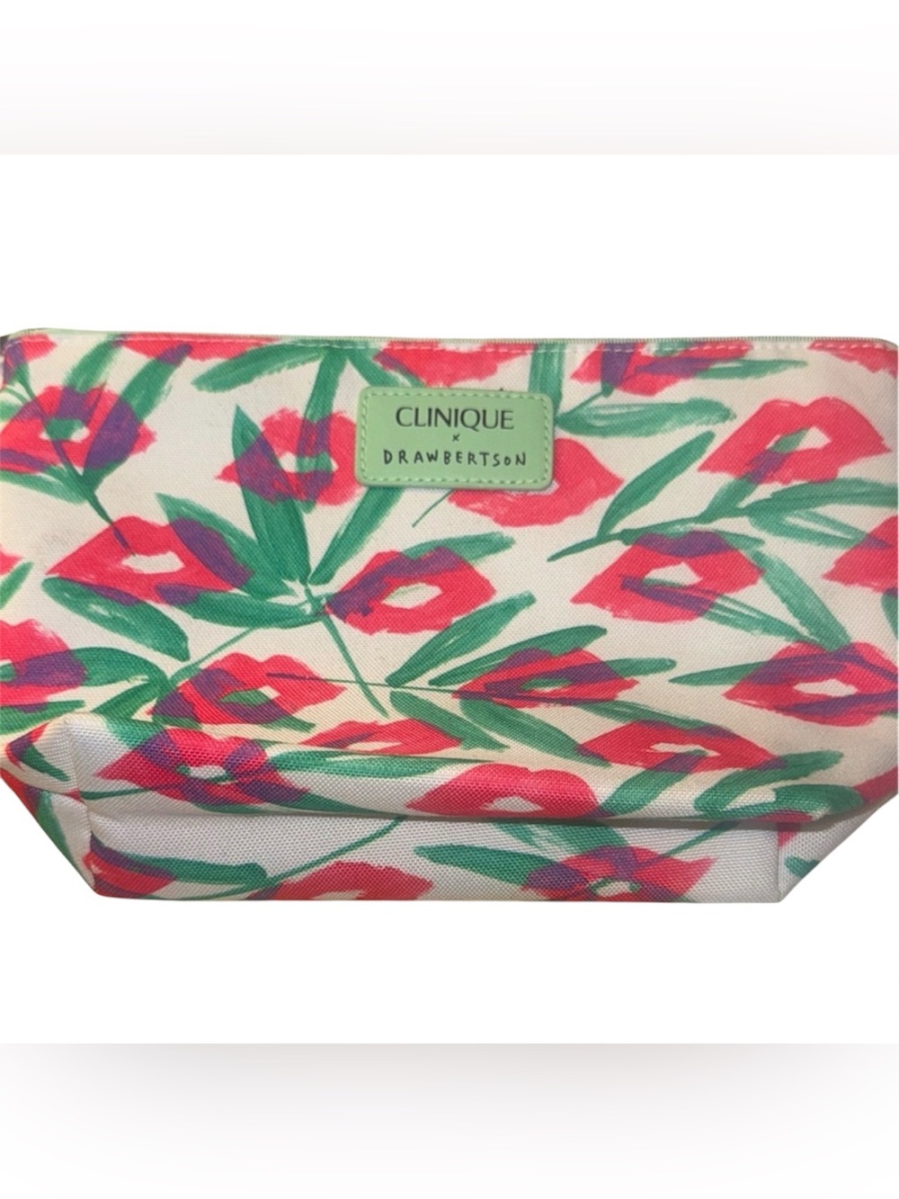 Clinique Cosmetic Bag with Red Lips and Green Floral Design - Picture 1 of 5